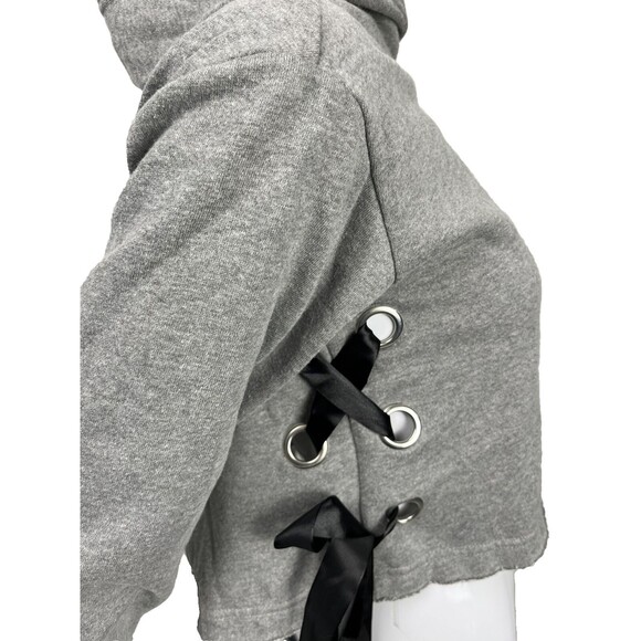 G by Guess Crop Hoodie Sweatshirt Long Sleeves Black Ribbon Side Ties Gray Small - Picture 1 of 4